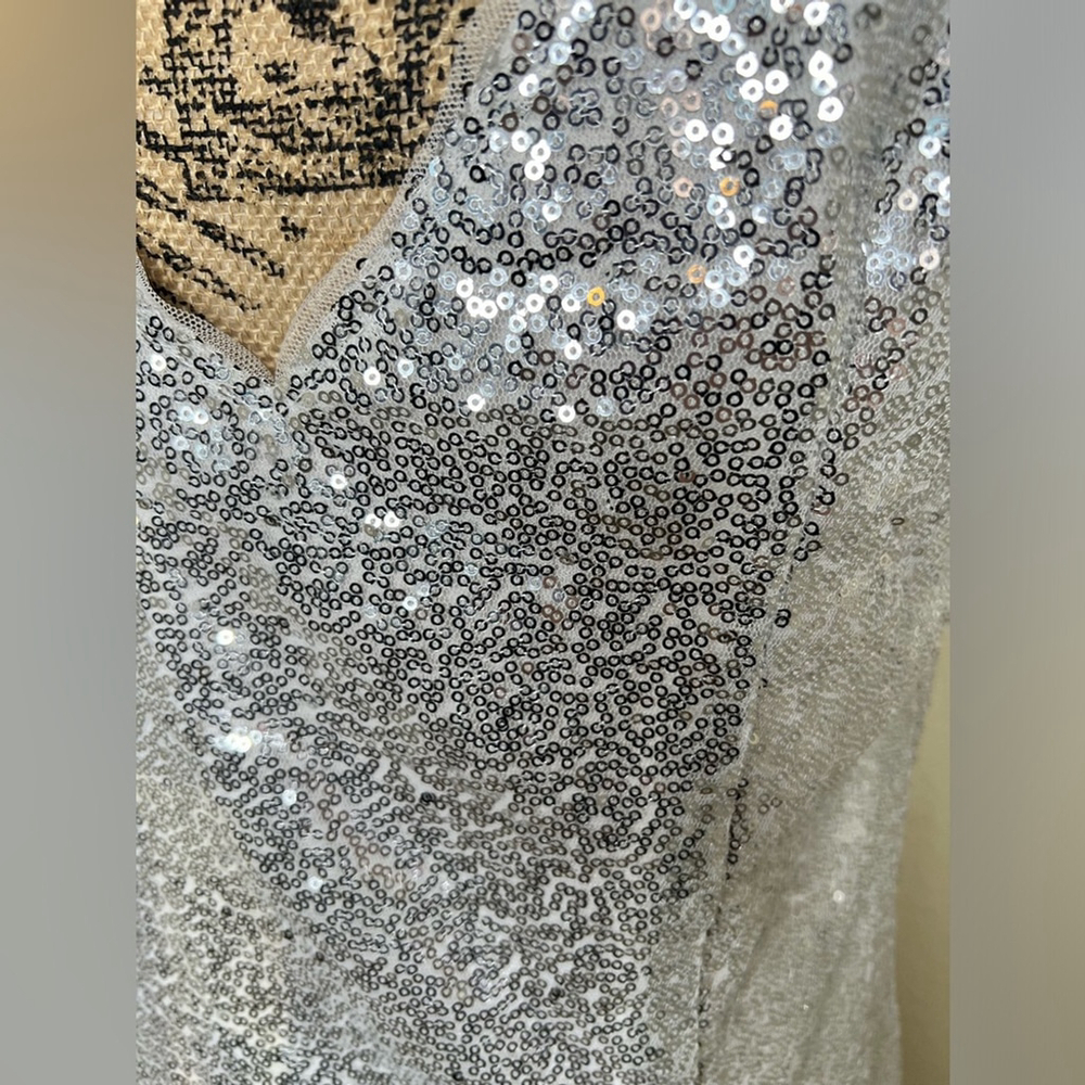 Kate Kasin Silver Sequined Sleeveless V Neck Cocktail Dress Size Large - Picture 9 of 16